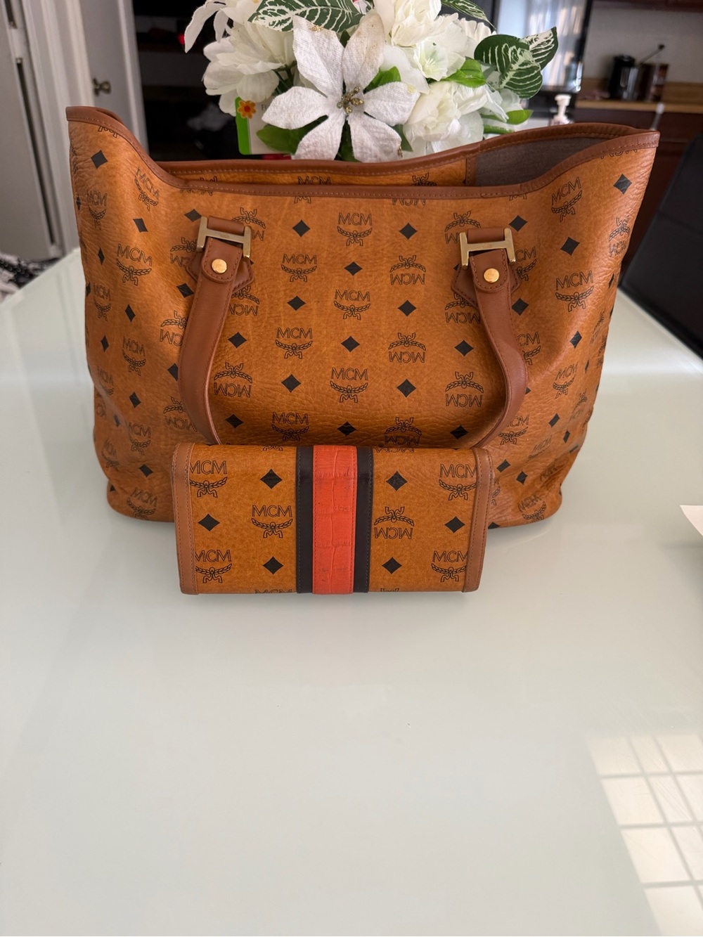 MCM Cognac and Orange Visetos Stripe Tote with Matching Wallet - Picture 2 of 14